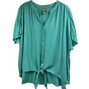 Chicos Women's Top Size Large Blue Crinkle Tie Cap Sleeve Pullover Rayon Stretch
